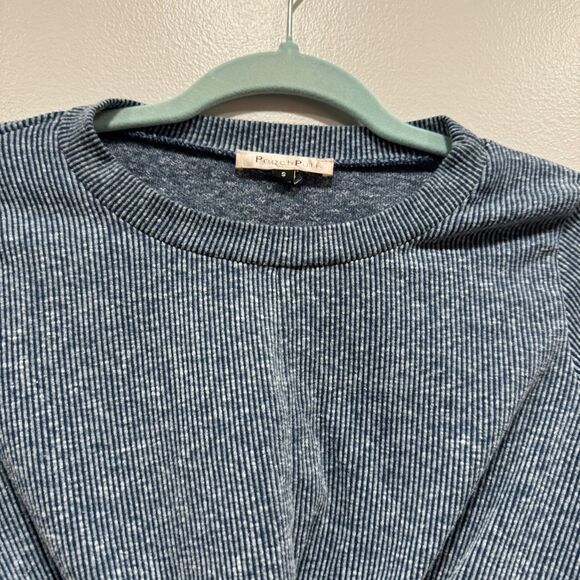 Peach Puff Top Blue Cropped Long Sleeve Ribbed Basic Stretch Tie Women sz Small - Picture 2 of 7